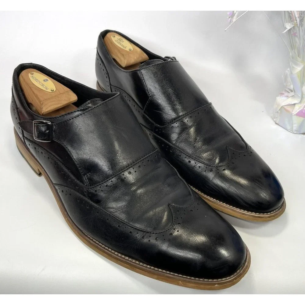 Stacy Adams Madison II Monk Strap Wingtip Black Leather Shoes Size US 11 EUR 45